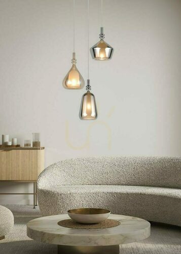 Kontrollera Trio ALDEA 349430317 pendellampa 3×E14 – vitt, krom och bärnstensfärgat glas