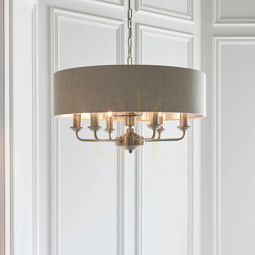 Kontrollera Pendellampa Endon Highclere Beige 6-armad E14 Tyg 55 cm