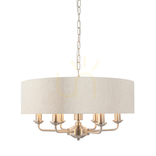 Kontrollera Pendellampa Endon Highclere Beige 6-armad E14 Tyg 55 cm