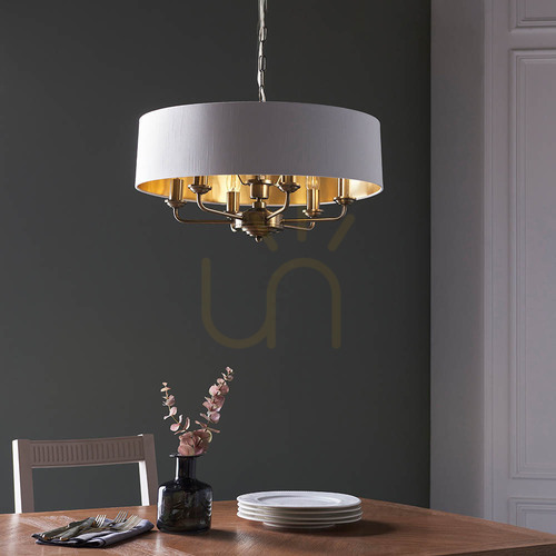 Kontrollera Pendel Endon Highclere 98933 6xE14 antikmässing skärmar vintage white Ø55 cm 35-174 cm