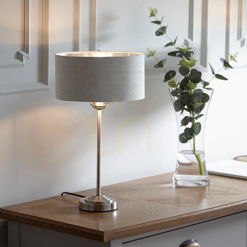 Kontrollera Bordslampa Endon Highclere borstad krom naturlinne E14 44,7 cm