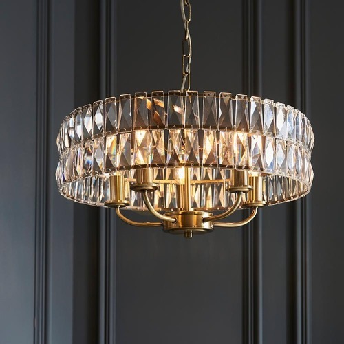 Kontrollera Endon CLIFTON 106244 pendellampa, 5 x E14 max 6 W, slipat glas, antikmässing, ø50,5 cm