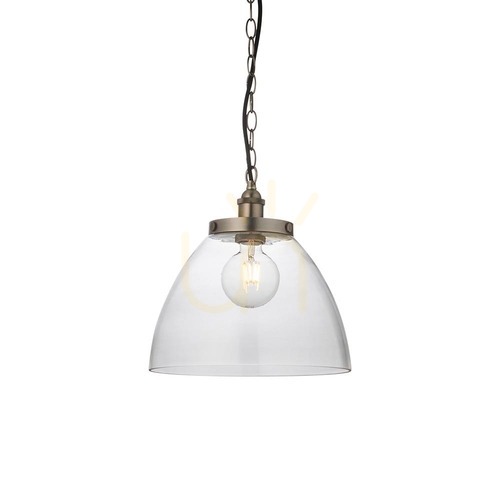 Kontrollera Endon Hansen Grand pendellampa, åldrad tennmetall och klart glas, E27, 33 cm