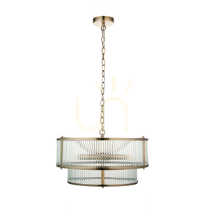 Pendellampa Endon Ridgeton antikmässing räfflat glas 5xE14 Ø50 cm small 1
