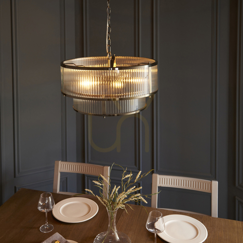 Kontrollera Pendellampa Endon Ridgeton antikmässing räfflat glas 5xE14 Ø50 cm