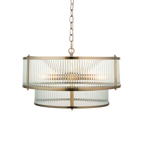 Kontrollera Pendellampa Endon Ridgeton antikmässing räfflat glas 5xE14 Ø50 cm