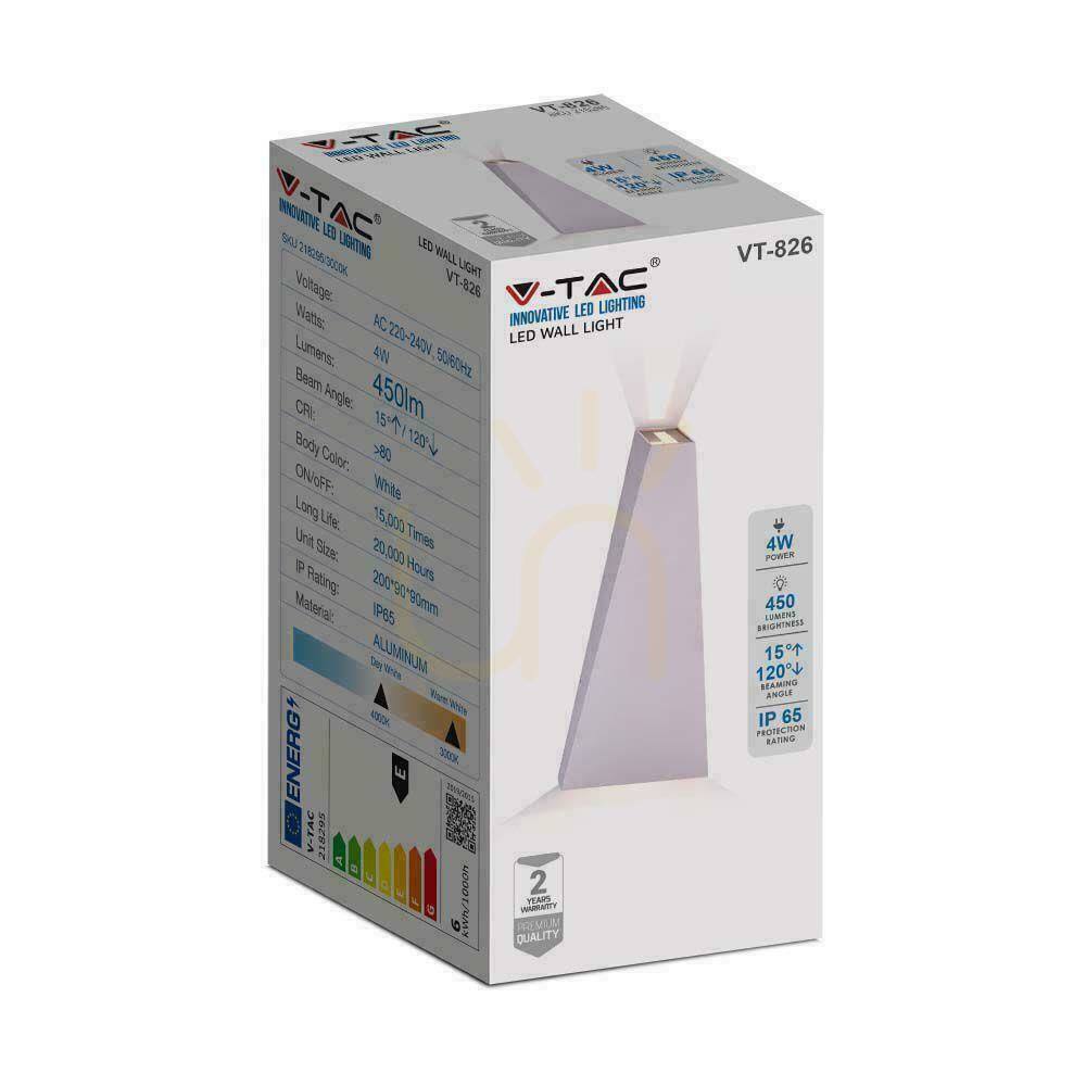 Display V-TAC 4W LED-vägglampa vit IP65 VT-826-W-N 3000K 450lm V-TAC 4W LED-vägglampa vit IP65 VT-826-W-N 3000K 450lm