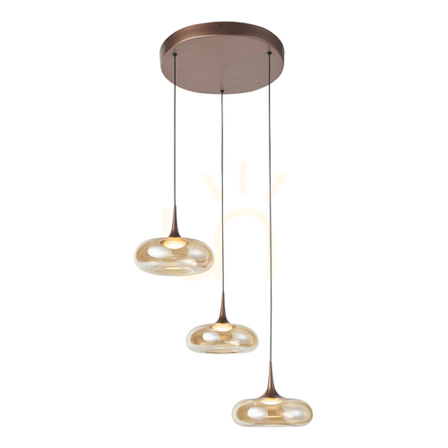 Kontrollera Italux Pendellampa 3-ljus LED Koppar Bärnsten Glas 3000K PND-24028-3A-COPP