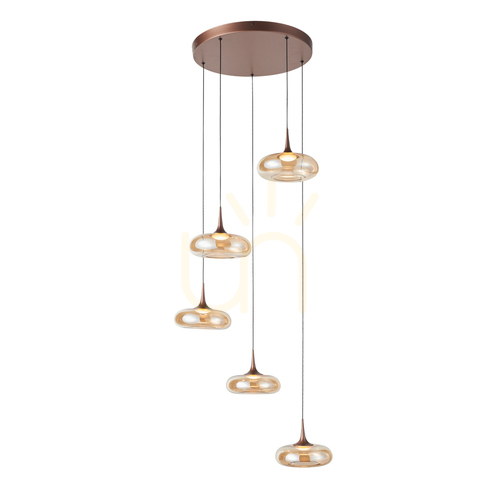 Kontrollera Italux Tenele LED pendellampa 5-arm koppar bärnsten 62 cm PND-24028-5A-COPP