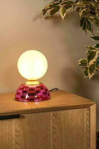 Kontrollera Lucide GLITZER bordslampa med rosa fot, glas och metall, Ø14 cm, G9 10527/01/66