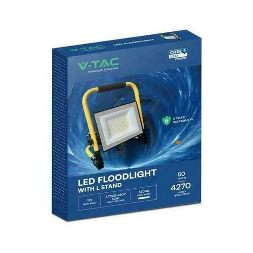 Kontrollera V-TAC 50W CREE CHIP IP65 LED portabel strålkastare VT-44049 4000K 4270lm 6 års garanti.