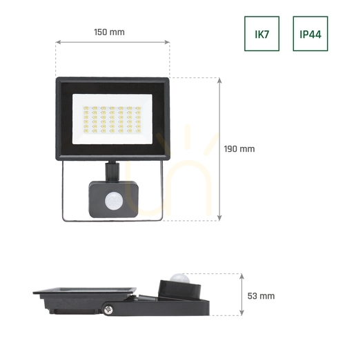 Kontrollera LED-strålkastare Noctis Lux 3 30W NW 230V IP44 150x190x53mm Svart Pir Rörelsesensor