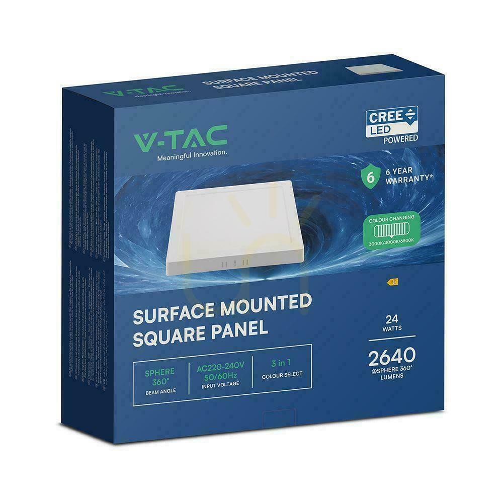 Kontrollera Utanpåliggande downlightpanel V-TAC 24W LED CREE CHIP fyrkantig 285x285mm VT-60024CCT 2640lm 6 års garanti Utanpåliggande downlightpanel V-TAC 24W LED CREE CHIP fyrkantig 285x285mm VT-60024CCT 2640lm 6 års garanti