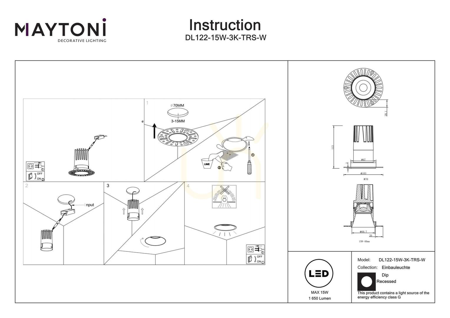Utsikt DIP infälld takarmatur DL122-15W-3K-TRS-W Maytoni DIP infälld takarmatur DL122-15W-3K-TRS-W Maytoni
