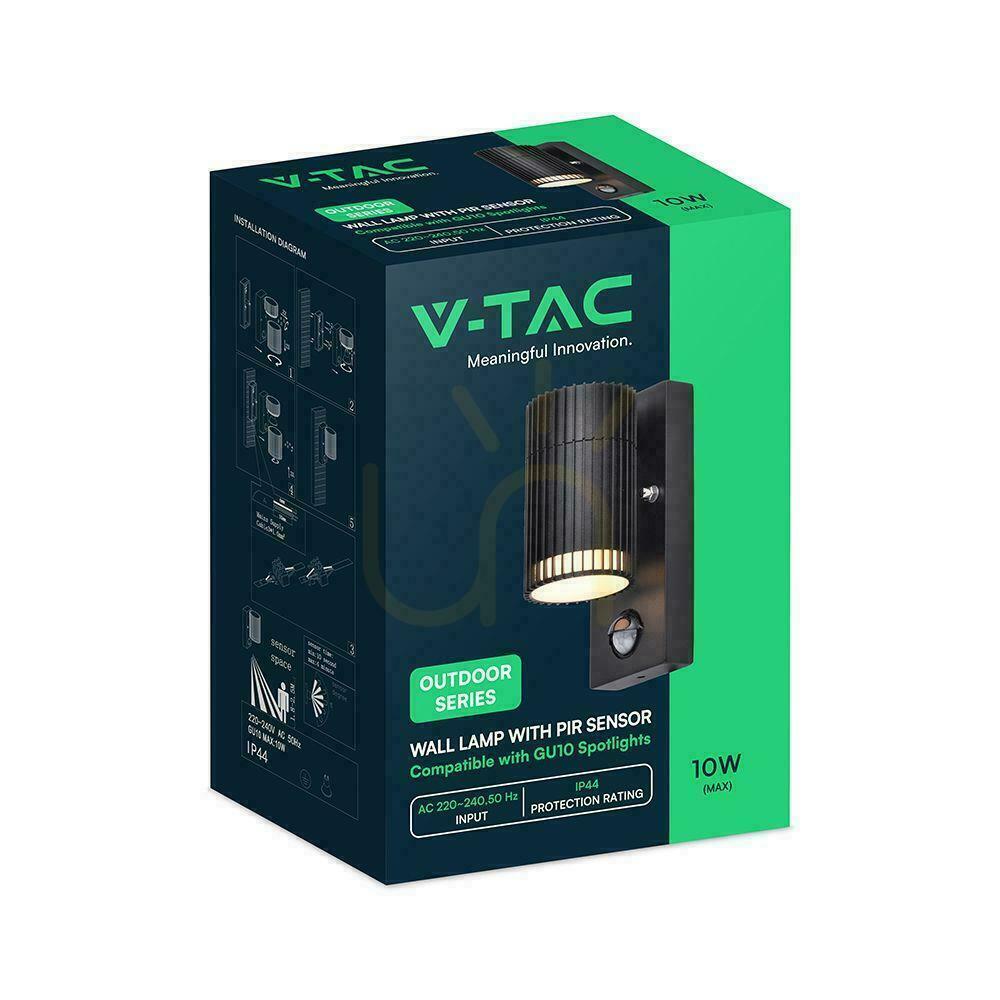 Display V-TAC GU10 utomhusvägglampa GU10 sensor aluminium ned IP44 svart VT-10174PIR 3 års garanti V-TAC GU10 utomhusvägglampa GU10 sensor aluminium ned IP44 svart VT-10174PIR 3 års garanti
