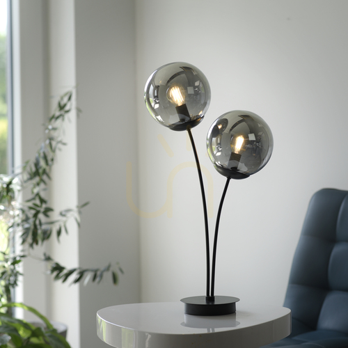 Kontrollera JUST LIGHT BIG WIDOW 14605-18 bordslampa, svart, rökglas, 2×E14