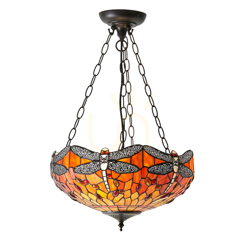 Kontrollera Pendellampa Interiors Dragonfly Tiffany Multicolor 3-ljuskälla E27 41 cm