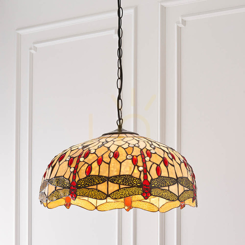 Kontrollera Taklampa Interiors Dragonfly Tiffany beige 3-ljus E27 glas stål 50 cm 64079