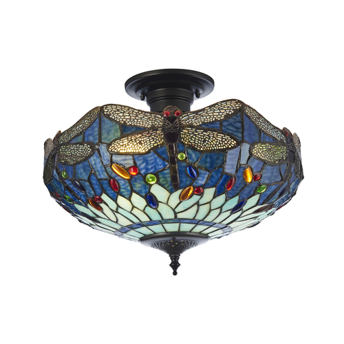 Kontrollera Tiffany taklampa blå 3-ljus E27 glas stål 41 cm Interiors 111897