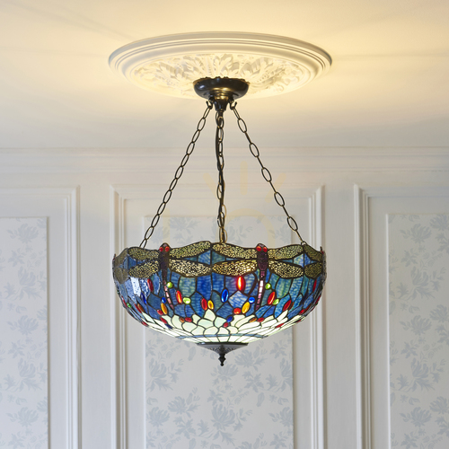 Kontrollera Taklampa Tiffany blå glas 3-ljus Interiors 112250