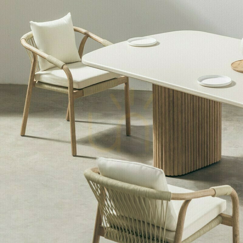 Utsikt OVIGO 220 cm trädgårdsbord med stenskiva, ljust akaciaträ/ljusbeige, rundade former, Nova Nook-ribbor OVIGO 220 cm trädgårdsbord med stenskiva, ljust akaciaträ/ljusbeige, rundade former, Nova Nook-ribbor