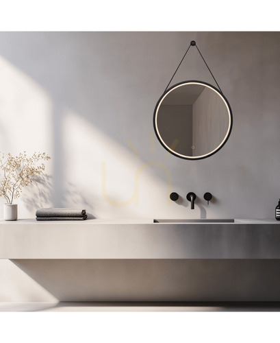 Kontrollera Rund badrumsspegel Ø60 cm med LED-belysning 15 W i rem, touchdimmer, 3000/4000 K, IP44, mattsvart, Zambelis 25387