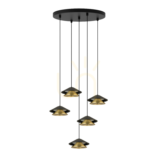 Kontrollera 45 W LED-pendellampa, 3000 K, svart fot – sand-svart skärm – borstad guldfinish, ZAMBELIS