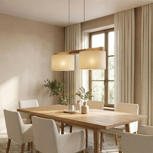 Kontrollera Pendellampa TK-Lighting VIGA SHADE 11881 i furu, linneskärmar, 2×E27, 80 cm