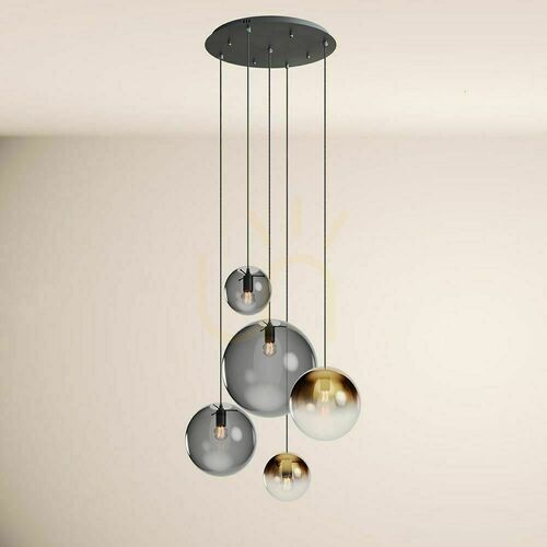 Kontrollera Pendellampa s.luce Orb Modular 5xE27, glaskulor i guldtoning och rökfärg, svart takkupa