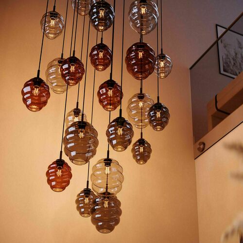 Kontrollera Ljuskrona s.luce Echos rökigt glas rund 18 cm E27 svart, hänglängd 500 cm