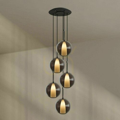 Kontrollera Ljuskrona s.luce Belluna 5-ljus rökig glas metall 24 cm rond
