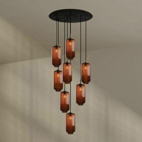 Kontrollera Takkrona s.luce Velo 8xE27 brunt glas 18 cm, svart baldakin Ø 80 cm