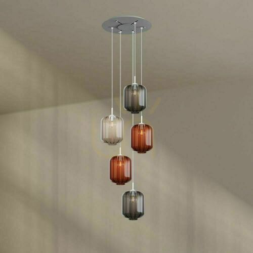 Kontrollera Pendellampa s.luce Velo 5-ljus, flerfärgat glas, vitt takfäste Ø 60 cm