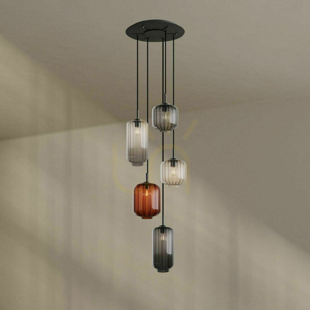 Kontrollera Ljuskrona s.luce Velo 5-lampig brun glas metall Ø60 cm Ljuskrona s.luce Velo 5-lampig brun glas metall Ø60 cm