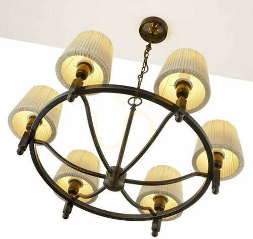 Kontrollera Jupiter PIAST 2185 mässingsfärgad takkrona, 6 beige plisserade skärmar E27