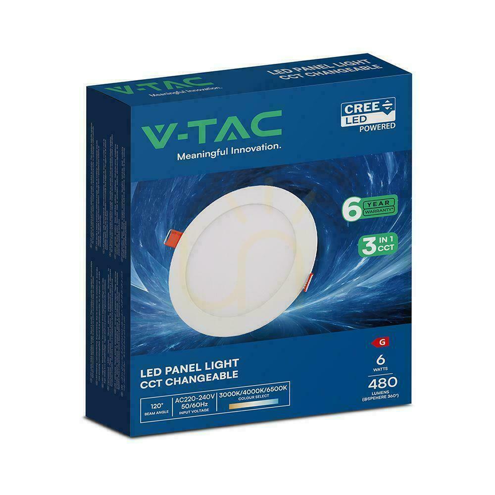Visa V-TAC PRO SLIM 6 W LED-infälld spotlampa med CREE-chip, rund, 120 × 12 mm, CCT VT-607CCT, 480 lm, 6 års garanti V-TAC PRO SLIM 6 W LED-infälld spotlampa med CREE-chip, rund, 120 × 12 mm, CCT VT-607CCT, 480 lm, 6 års garanti