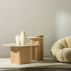Nova Nook LESUND soffbord 90 cm, sintrad sten med travertinlook, ekfanér small 1