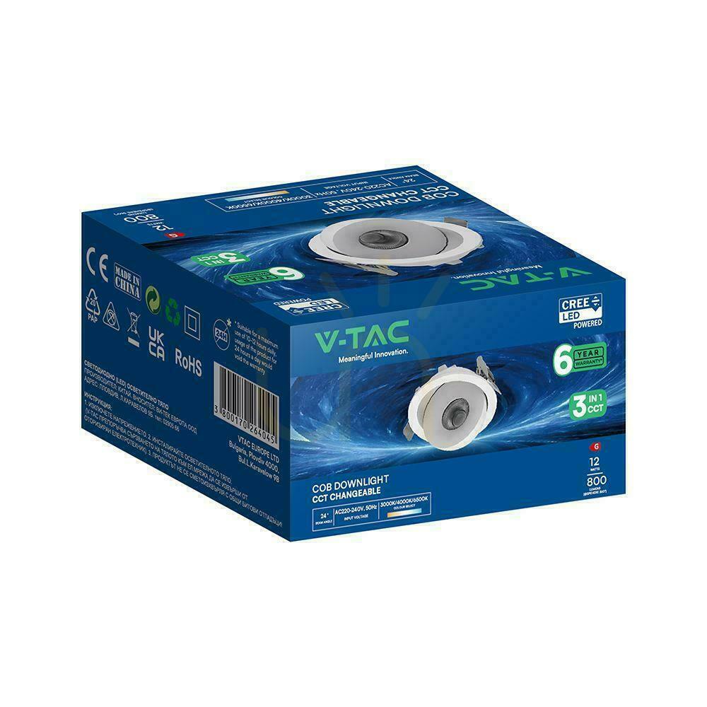Förhandsvisning V-TAC LED CREE infälld, vinklingsbar downlight, 12 W, CRI 90+, CCT, IP44, vit, VT-110011CCT, 800 lm, 6 års garanti V-TAC LED CREE infälld, vinklingsbar downlight, 12 W, CRI 90+, CCT, IP44, vit, VT-110011CCT, 800 lm, 6 års garanti