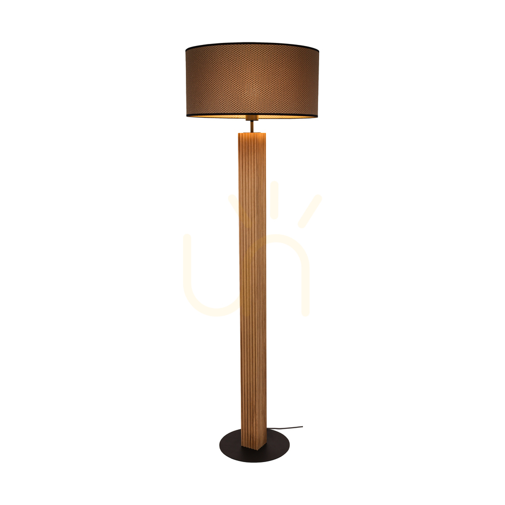 Utsikt Riflet golvlampa, oljad ek/svart, lampskärm i brunt-svart-guld, 1xE27, Ø50 cm Riflet golvlampa, oljad ek/svart, lampskärm i brunt-svart-guld, 1xE27, Ø50 cm