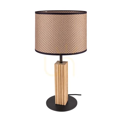 Kontrollera Riflet bordslampa, oljad ek/svart, brun-svart-guldfärgad lampskärm, 1xE27, Ø22 cm