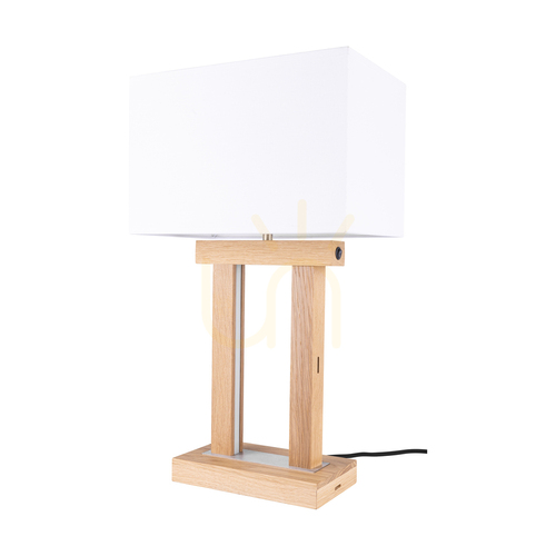 Kontrollera Hakon bordslampa, oljad ek/matt nickel, vit lampskärm, 1xE27 + 2xLED 40 W, 35 cm