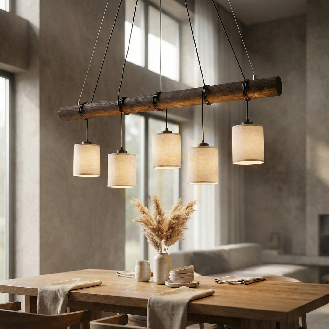 Utsikt Treno taklampa, valnöt/svart, beige skärm, 5xE27, 115 cm Treno taklampa, valnöt/svart, beige skärm, 5xE27, 115 cm