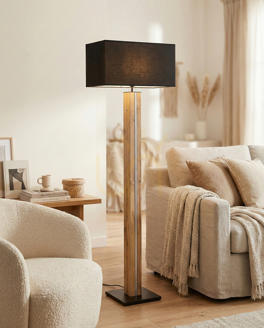 Utsikt Flamo golvlampa, ek/svart, svart lampskärm, 1xE27 + 1xLED 16 W, 45 cm Flamo golvlampa, ek/svart, svart lampskärm, 1xE27 + 1xLED 16 W, 45 cm