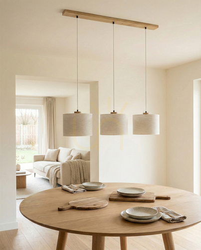 Kontrollera Dreva taklampa, oljad ek, beige skärm, 3xE27, 100 cm