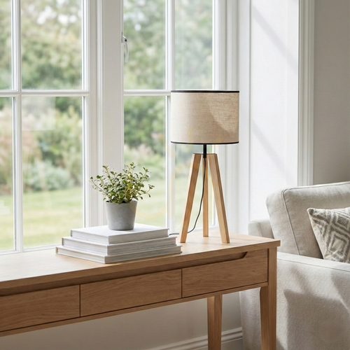 Kontrollera Solea bordslampa, brun/svart, beige-svart lampskärm, 1xE27, Ø30 cm
