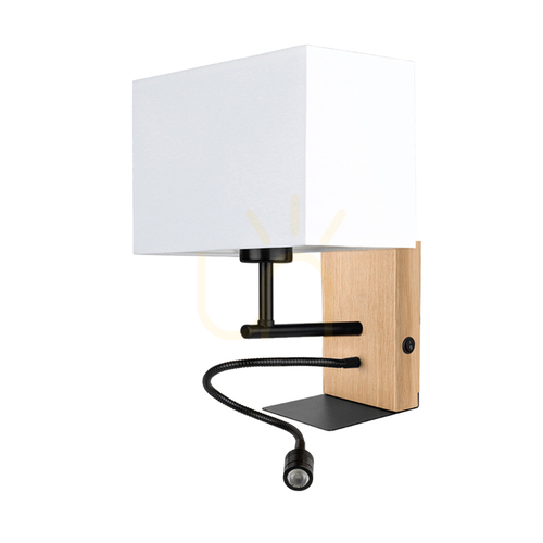 Kontrollera Lector vägglampa, oljad ek/svart, vit skärm, 1xE27 + 1xLED 2,8 W, 22 cm