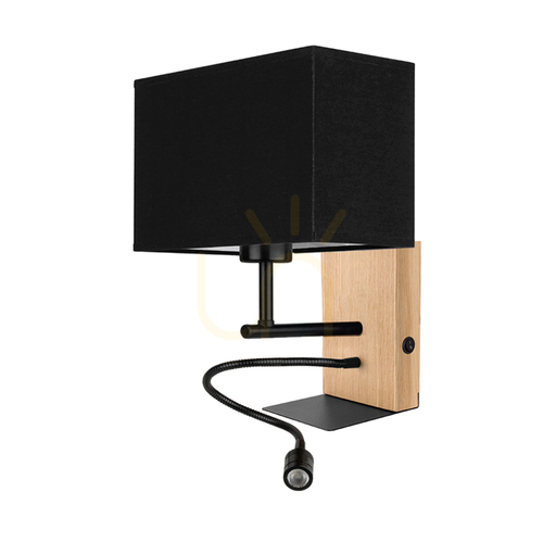 Kontrollera Lector vägglampa, oljad ek/svart, svart skärm, 1xE27 + 1xLED 2,8 W, 22 cm