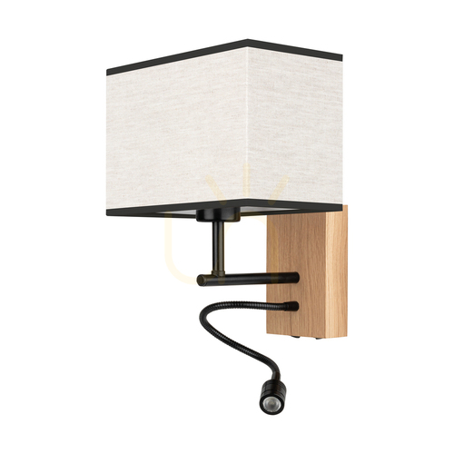 Kontrollera Lector vägglampa, oljad ek/svart, beige-svart lampskärm, 1xE27 + 1xLED 2,8 W, 22 cm