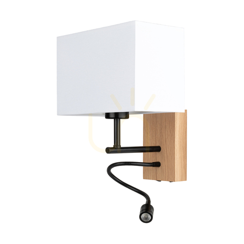 Kontrollera Lector vägglampa, oljad ek/svart, vit skärm, 1xE27 + 1xLED 2,8 W, 22 cm