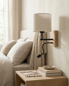 Lector vägglampa, oljad ek/svart, beige lampskärm, 1xE27 + 1xLED 2,8 W, 21,5 cm small 1